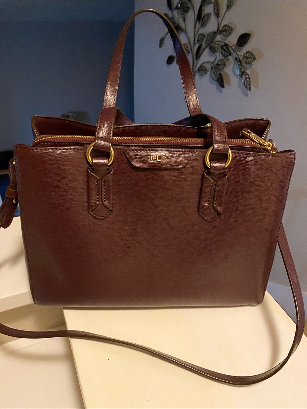 Ralph Lauren Dark Burgundy Leather Satchel with Gold Hardware